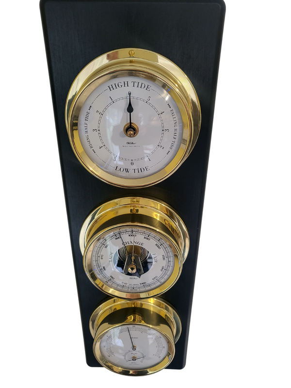 Weather Station Barometer Clock/ Tide Clock Hygrometer Thermometer Wood and  Brass 